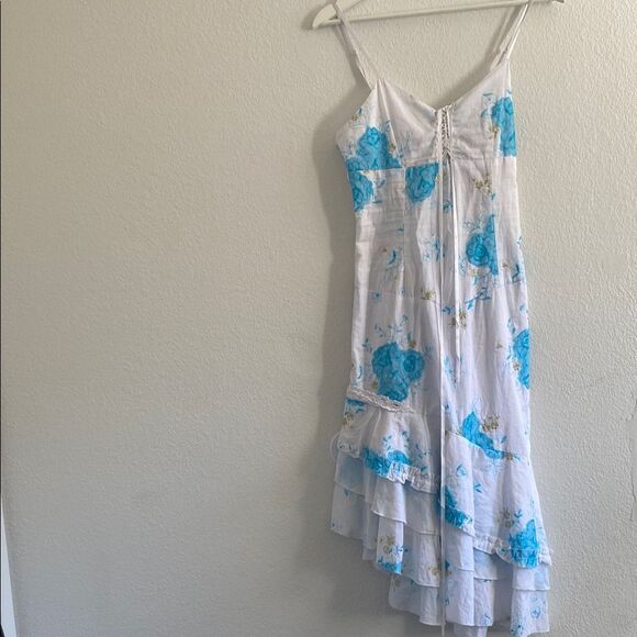 Y2K 100% Cotton Floral White and Blue Tiered SunDress - Picture 1 of 9